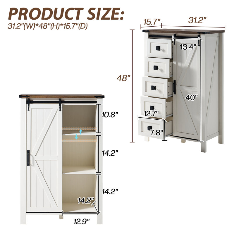 48" Tall Farmhouse 5 Drawers Dressers, White/Brown