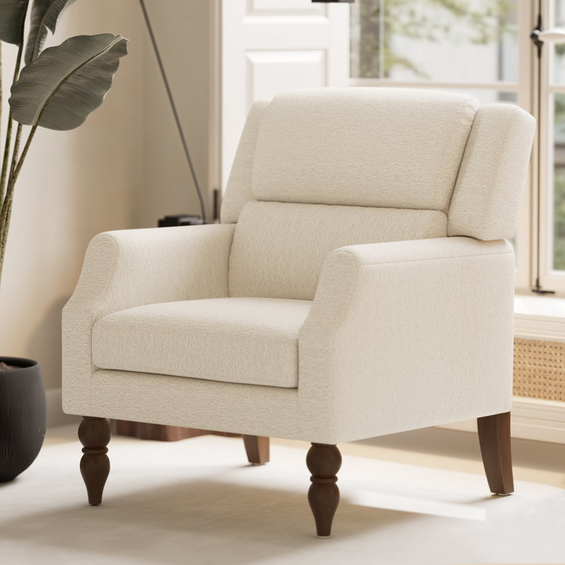 Fauteuil à oreilles rembourré Mid-Century avec pieds en bois massif, Boucle blanc