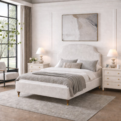Full Size Upholstered Platform Bed with Tall Headboard,Cream
