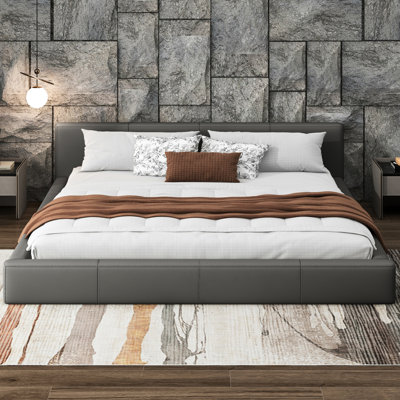 Contemporary Gray Upholstered King Bed, With Smooth Faux Leather, 3 Central Support Legs, Ideal For Master Bedroom Bed Simple Design, High - Quality Wood Frame, Suitable Cozy Guest Rooms