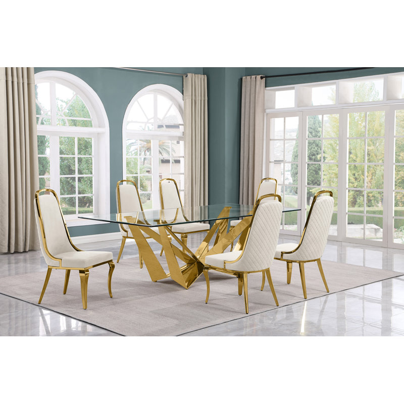 Khailee Glass Top Double Pedestal Dining Set, Dark Gray/Silver, 7, Silver