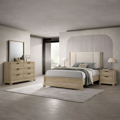 Ensemble de chambre à coucher 5 pièces Rosenfeld, grand lit, commode, miroir, 2 tables de chevet pour les espaces de chambre organisés