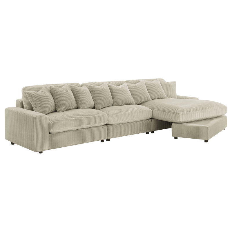 Canapé modulaire 3 pièces avec méridienne réversible Lain, 8 coussins décoratifs Lain, Velours côtelé beige