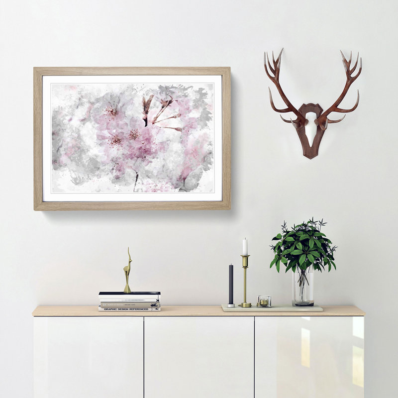 A Pretty Pink Cherry Blossom Tree in Abstract - Picture Frame Painting Print on MDF, Oak Framed, 27cm H x 36cm W x 2cm D