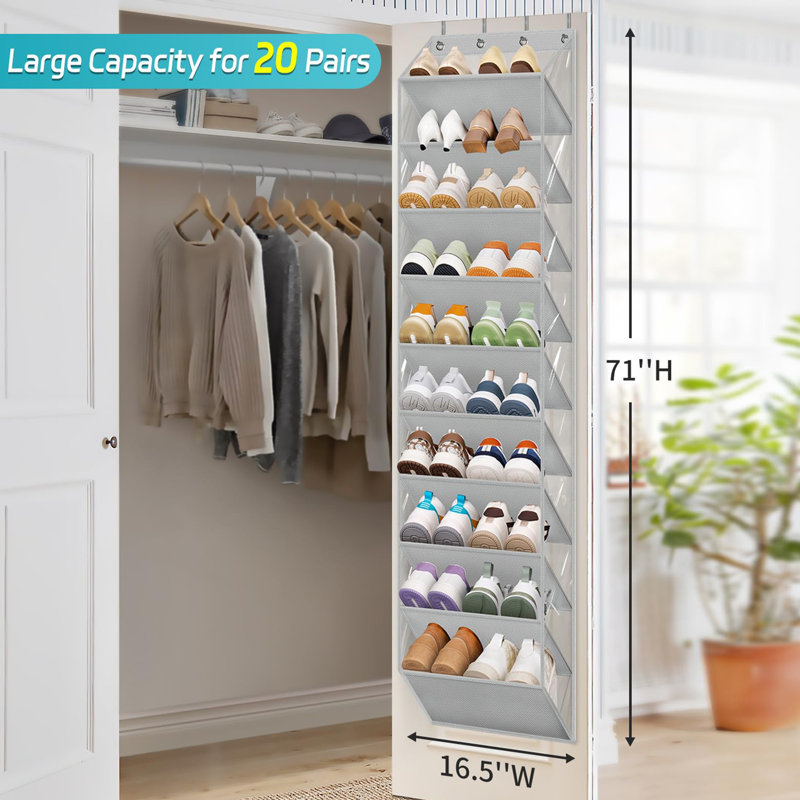 10-Tier Transparent Over-the-Door Shoe Storage Rack, Deep Pocket Large Hanging Shoe Rack, Can Hold 20 Pairs of Sports Shoes