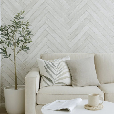 Rustic Soft Gray Brown Zigzag Herringbone Distressed Faux Wood Planks Wallpaper