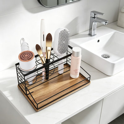 Movable Hair Dryer Holder, Hair Styling Tools Storage Organizer for Vanity Bath Counter, Wooden Base Bathroom Trays for Hair Toiletry and Makeup, Large Capacity Countertop Organizer, 12 x 7.7 x 5.8 Inches