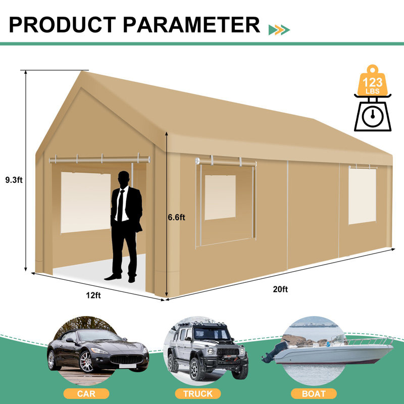 Abri de voiture robuste 12 po x 20 pi avec fenêtres à enroulement avec parois latérales et porte amovibles, Kaki