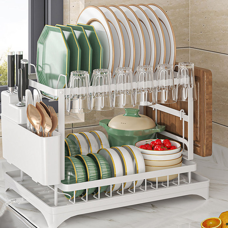 2-Tier Dish Drainer Sink Rack With Drip Tray Space-Saving Drying Plate Rack With Cutlery And Cup Holders For Kitchen , White
