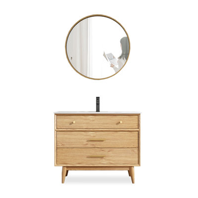 Meuble-lavabo de style nordique avec lavabo en céramique intégré et armoire de rangement pour salle de bain