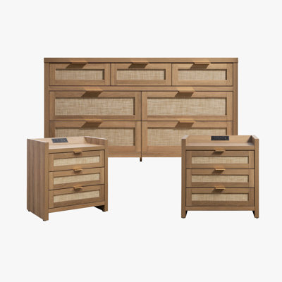 Ensemble de chambre en rotin 3 pièces avec station de charge (commode + 2 tables de chevet)