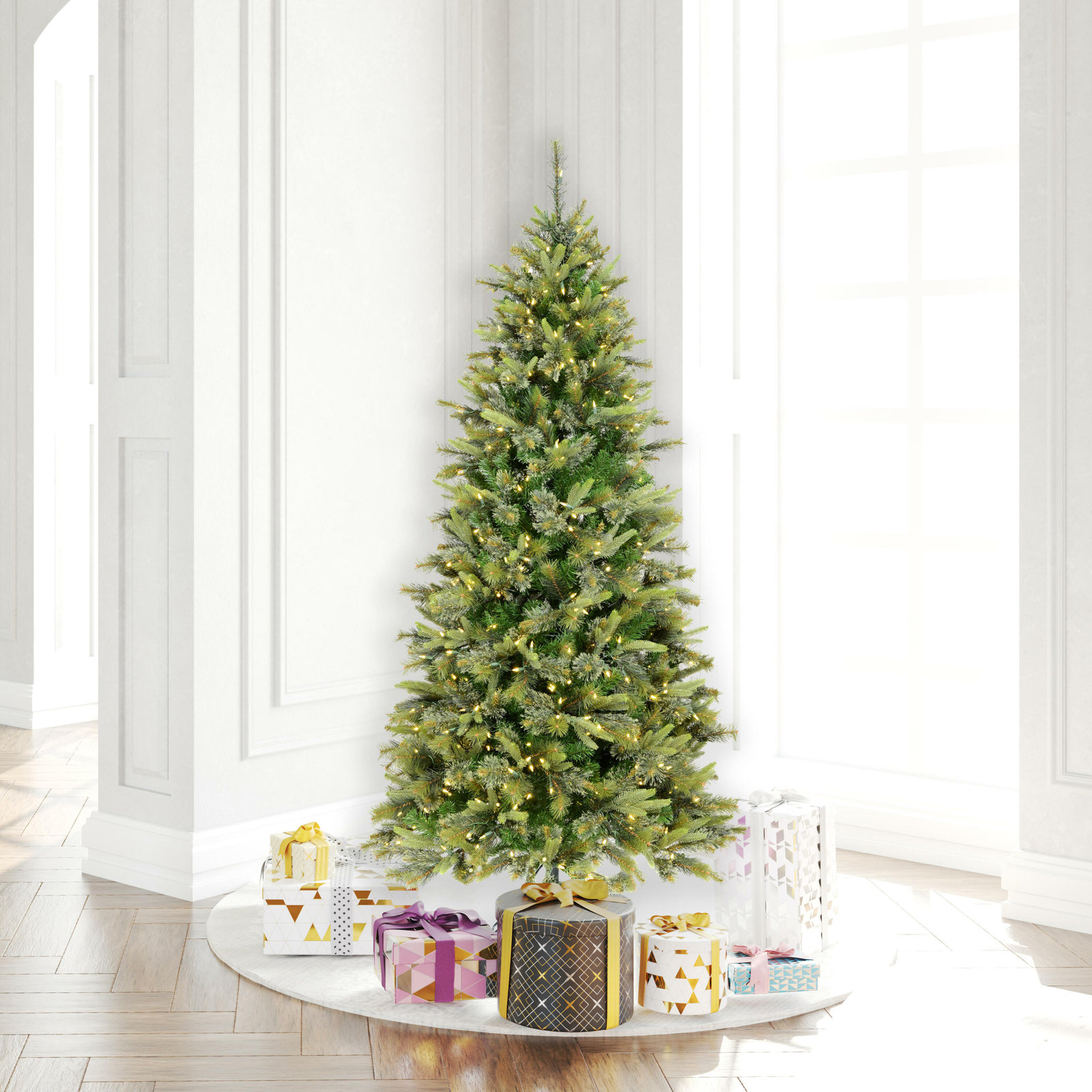 Green Pine Flocked Pre-Lit Pine Christmas Tree, 6.5' H, Warm White LED