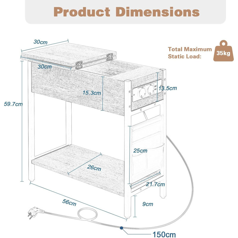 Khenifra End Table with Built-In Outlets, Brown Wood
