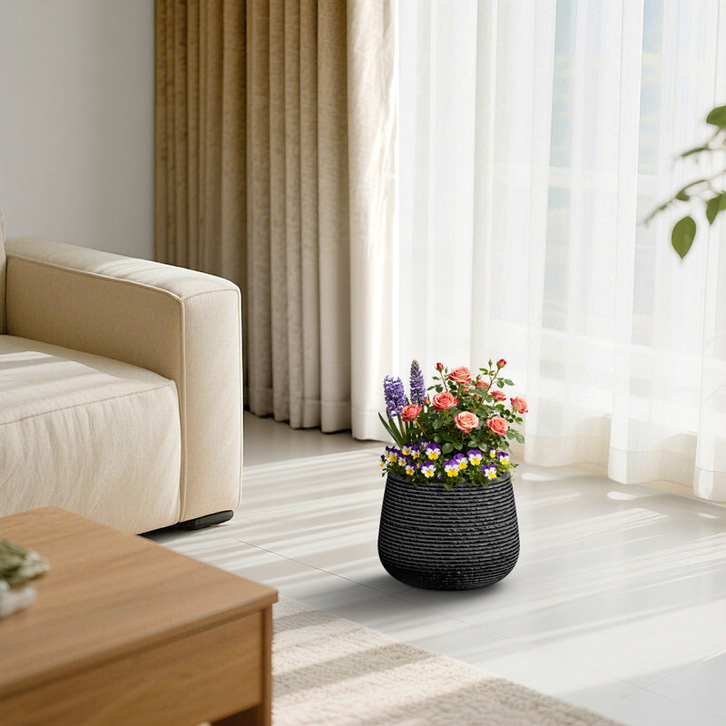 Pot à fleurs rond en béton bleu marine (intérieur amélioré) de 13 po avec trous Draiange pour l'intérieur et l'extérieur