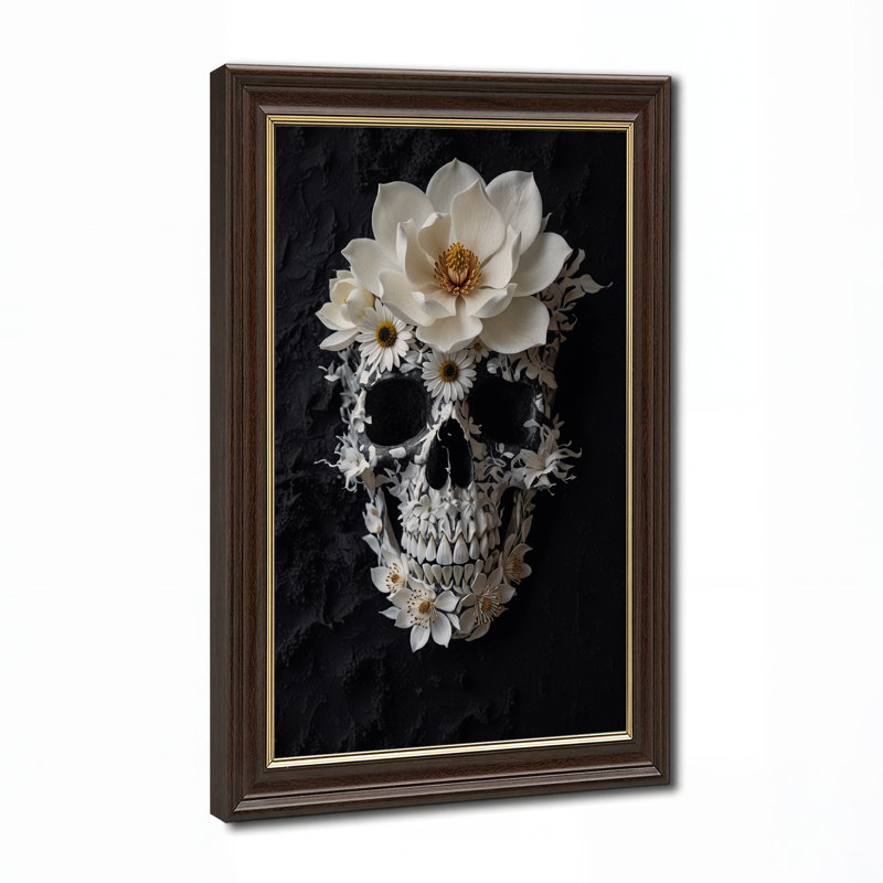 Art mural sur toile, crâne blanc avec magnolias sur fond noir, H 24 po x l 16 po