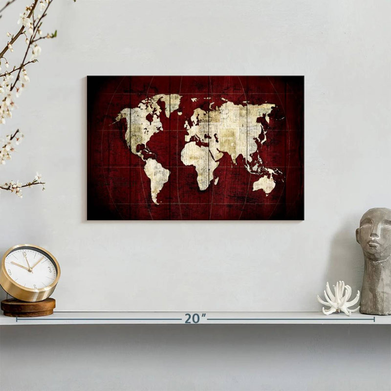 " White On Red World Map " by Jorge S, 8" H x 12" W x 1" D