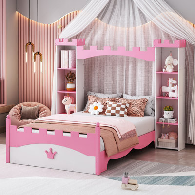 Castle-Shaped Wooden Bed with Storage Shelf, Dreamy Twin Size Platform Bed