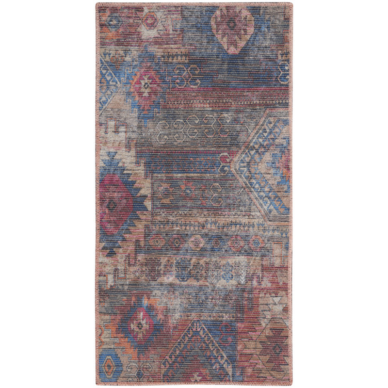 Machine Washable Southwestern Blue/Red Area Rug, Rectangle 3' x 5'