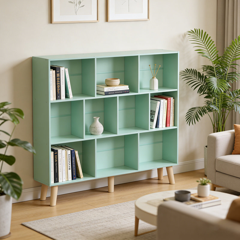 3 Tier Modern Wide Bookcase With Legs, Wood Freestanding Organizer Display Shelf, 10 Cube Bookshelf, Green
