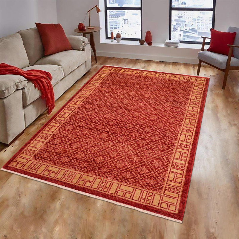 Tapis rouge / brun en laine noué à la main de style oriental rectangulaire 5 pi 11 po x 8 pi 10 po Baccio