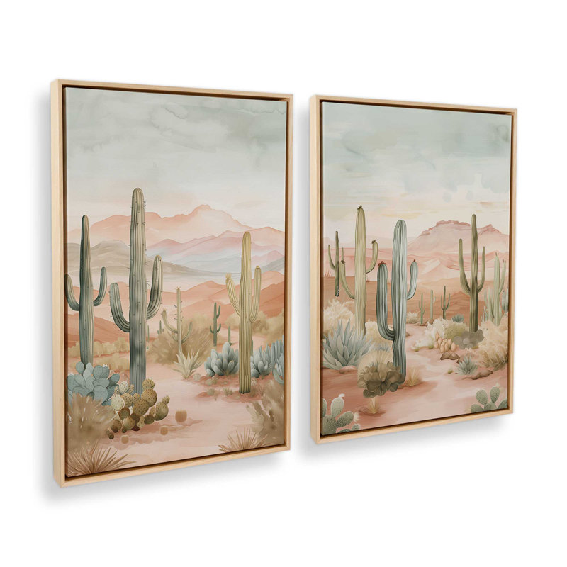 Ensemble de 2 impressions sur toile Cactus Waltz, Cadre américain en érable flottant, H 36,75 po x l 49,5 po x P 1,75 po