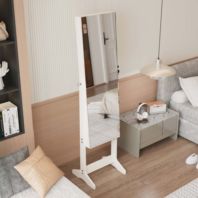 Armoire à bijoux avec miroir pleine longueur avec support, armoire à bijoux, armoire de rangement verrouillable, miroir intérieur éclairé, blanc