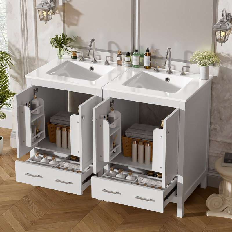 Meuble-lavabo de 48 pouces avec lavabo encastré intégré, armoire de rangement, portes à fermeture en douceur, tiroir divisé et tablette à double couche pour un rangement polyvalent