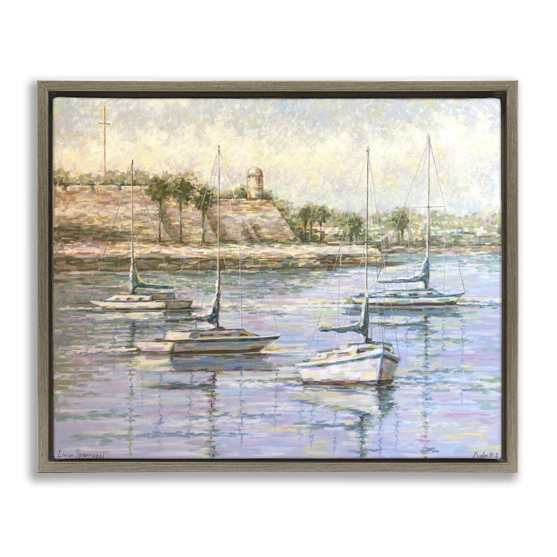 «The Mighty Fortress and Boats Floater», art mural par Linda Sperruche, H 25 po x l 31 po, Cadre flottant orme Montalcino