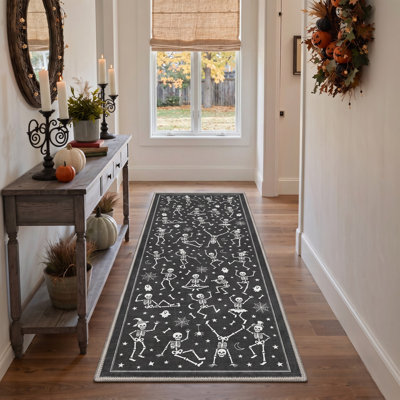 Tapis d'Halloween dansant squelette, noir / blanc, lavable à la machine, à poils courts, antidérapant