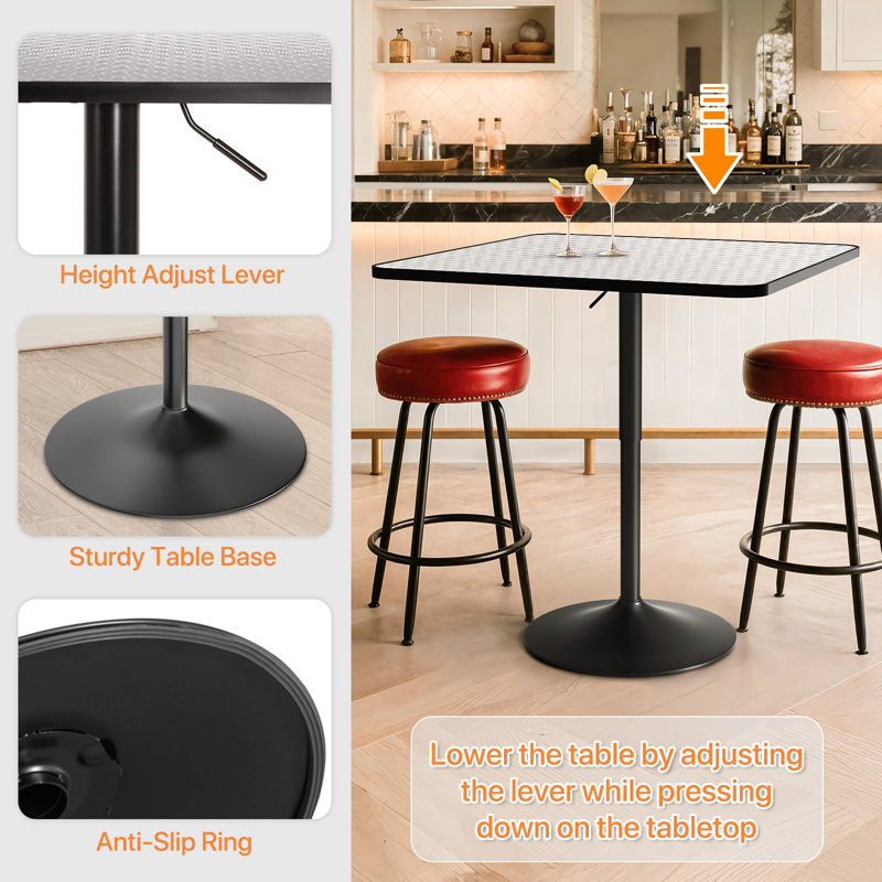 Bistro Pub Table Square Adjustable Height Cocktail Bar Table with Metal Base and Wooden Table Top, 31.5" W x 31.5" L, Silver