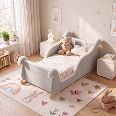 Lit-bateau rembourré en forme de traîneau, structure de lit pour enfant en velours avec bordure floue et garde-corps surélevés, convient au matelas de lit de bébé standard