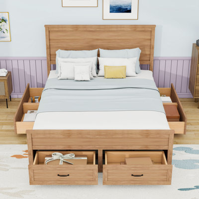 Queen Platform Bed with Six Built-in Storage Drawers and Stylish Headboard