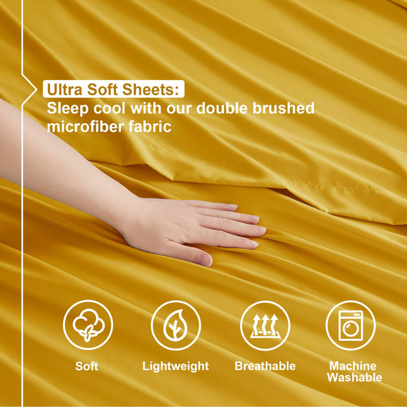 Microfiber Solid Colour Sheet Set, Yellow, Queen Sheet Set + Fitted Sheet + 2 Pillowcases