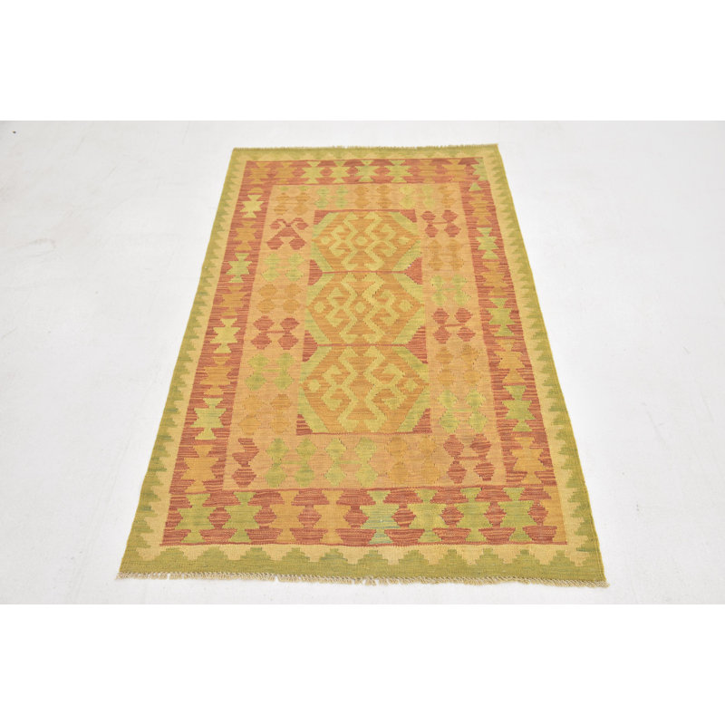 Tapis intérieur en laine rouge/orange/vert 3 pi 2 po x 5 pi 2 po one-of-kind à la main-noué la new age rouille Elland