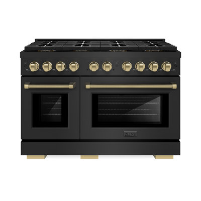 ZLINE Autograph 48 in. Paramount DuoPro Gas Range in Black Steel with Polished Gold Helix Handles