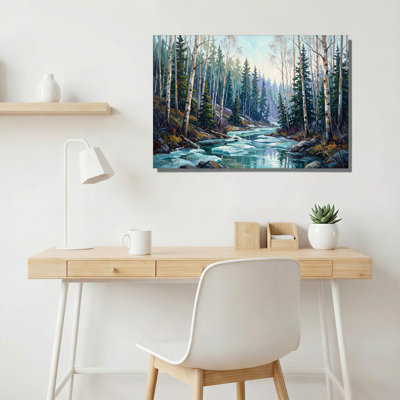 Blue River Through Birch And Pine Forest With Ice Canvas Wall Art