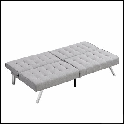 Stylish Grey Futon Sofa Bed with Wood Frame and Stainless Steel Legs, Perfect for Modern and Traditional Spaces.