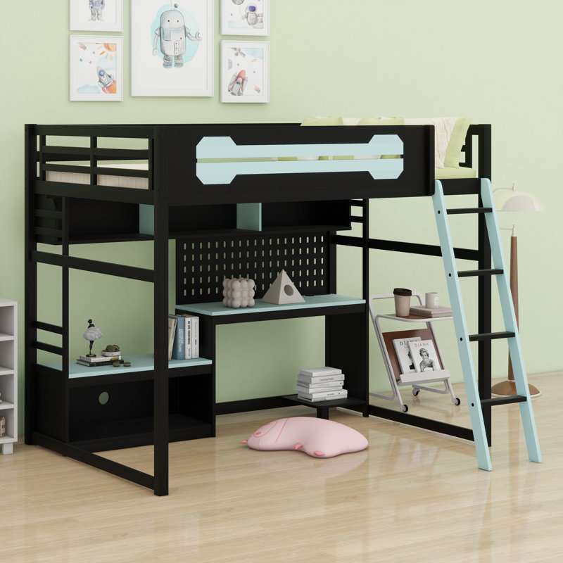 Wood Loft Bed With Desk, Black/Blue