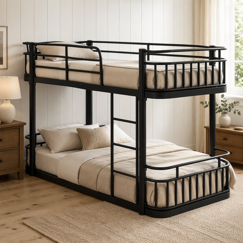 Lit superposé simple TG au-dessus de simple TG avec échelles et garde-corps, structure en métal à tuyaux ronds améliorés, élégant et polyvalent pour toutes les pièces, adolescents et adultes, noir