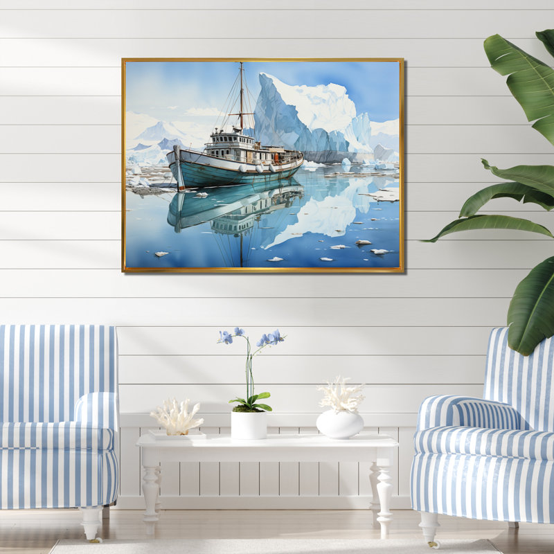 Iceberg sarcelle blanc solitude immaculée, Cadre flottant doré, H 12 po x l 20 po x P 1 po