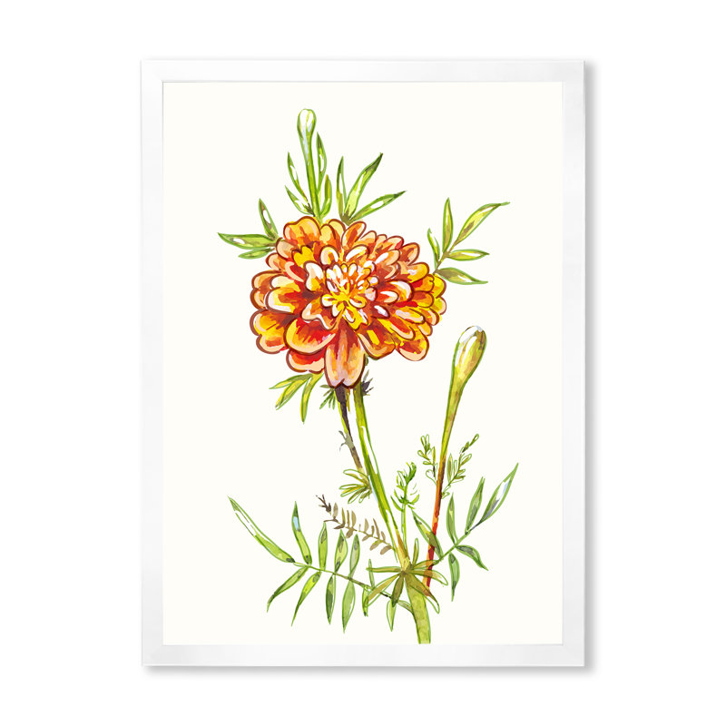 Fleur de souci orange en fleur - œuvre d'art traditionnelle sur toile, H 32 po x l 16 po x P 1 po, Cadre photo blanc