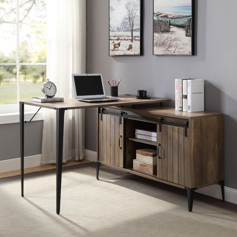 Bureau d'écriture en L avec armoire latérale, Chêne rustique