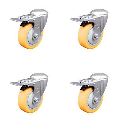 4 Inch Yellow Polyurethane Swivel Bolt Hole Caster Set with Total Lock Brake SCC
