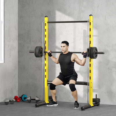 Support à squat avec barre de traction, support électrique réglable avec barre à haltères, support multifonctionnel en acier pour la musculation à domicile, noir, jaune