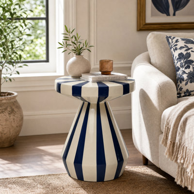 16" H Navy Blue and Cream Striped MgO End Table, Indoor Accent Table