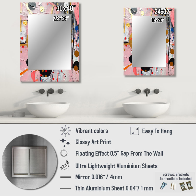 Pink and Grey Geometric II - Geometric Decorative Wall Mirror, Pink Mirror, Printed Metal Art, 32" x 24"