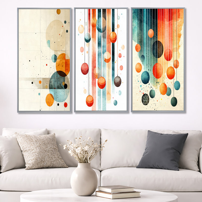 Art mural Mid-Century abstrait de style Mid-Century, H 40 po x l 60 po, Encadrement argenté
