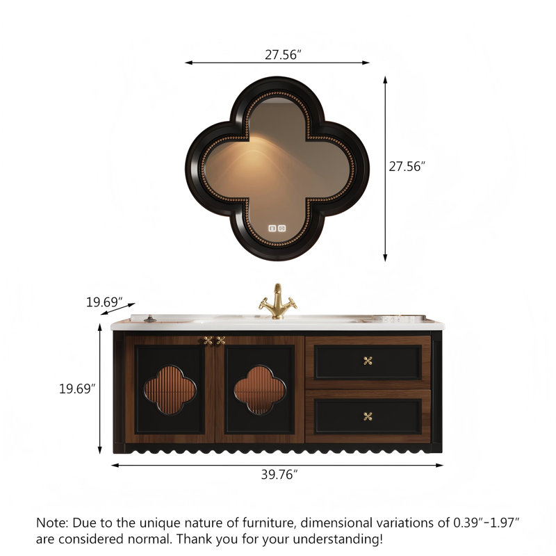Meuble-lavabo mural en chêne massif bicolore noir et brun avec miroir intelligent, H 19,68 po x l 39,76 po x P 19,68 po