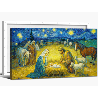 Reproduction d'art de la crèche de la Nativité, naissance de Jésus, nuit étoilée, reproduction d'art pour décor de maison chrétienne, affiche de photo de Marie Joseph Jesus, œuvre d'art sur toile encadrée pour la pièce, 16 po x 32 po