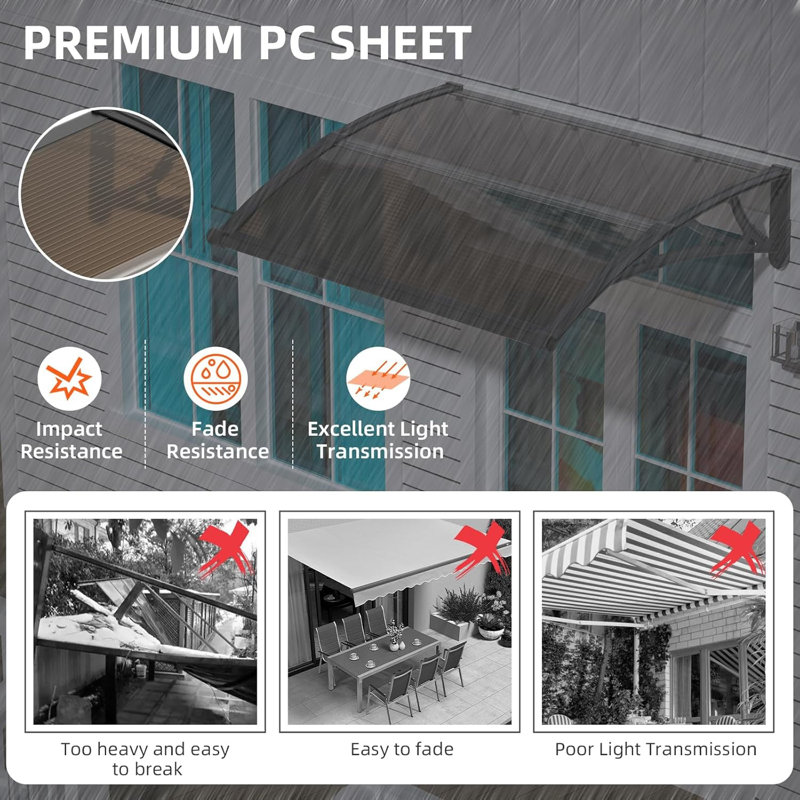 Window Awning Door Canopy Polycarbonate Panel with Large Drainage Grooves  Bracket Outdoor Patio Shelter, Brown/Black